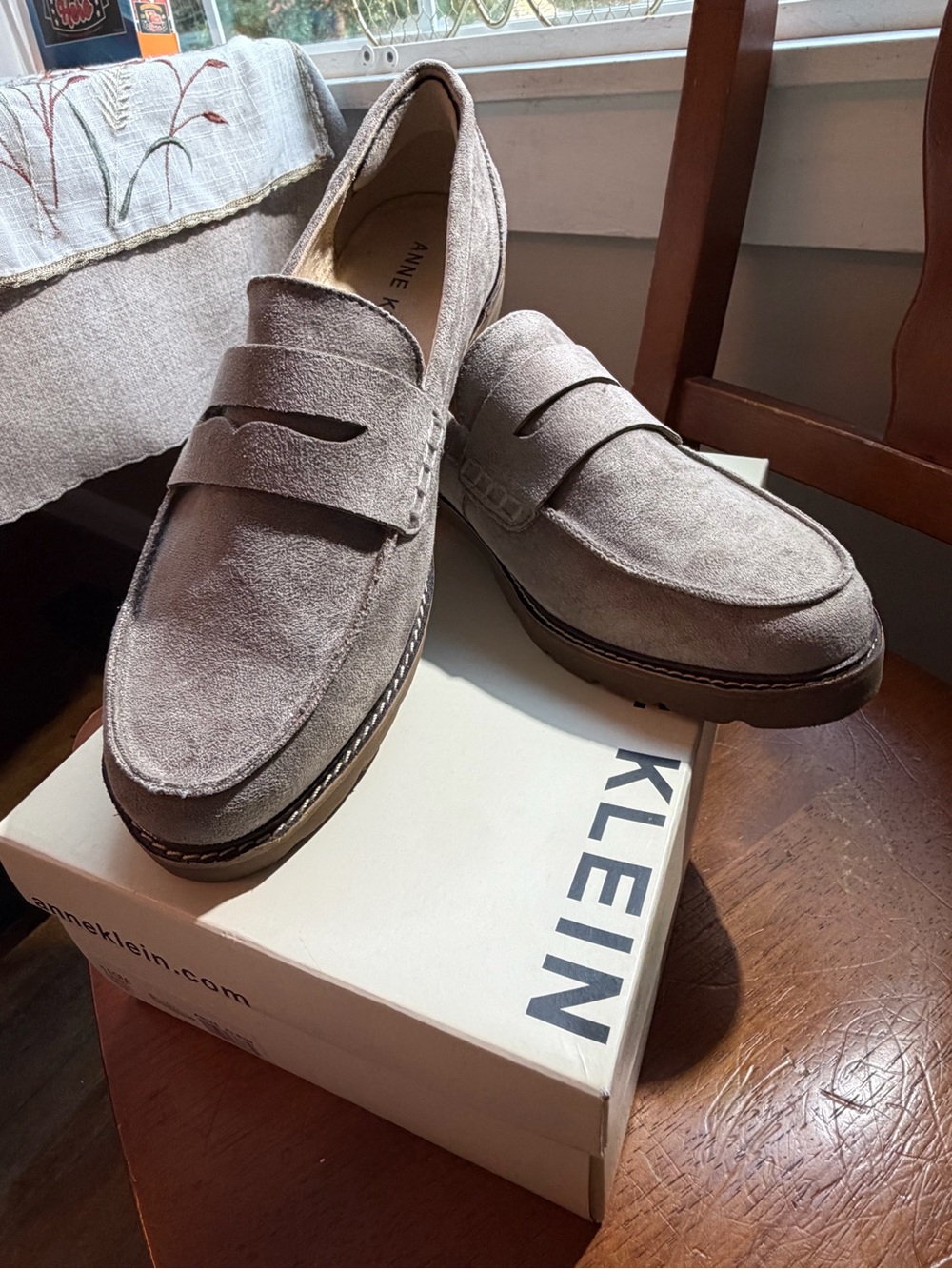 Anne Klein Taupe Suede Penny Loafers